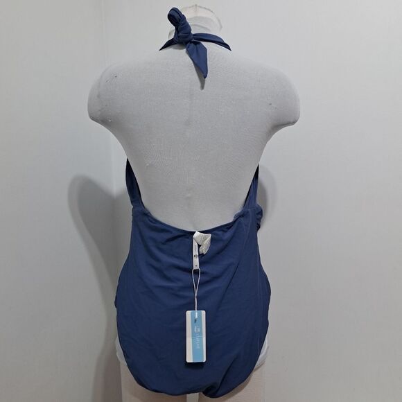 Cupshe Bianca Plunge Halter One Piece Ruched Swimsuit Dusty Blue 1x NWT - Picture 10 of 15